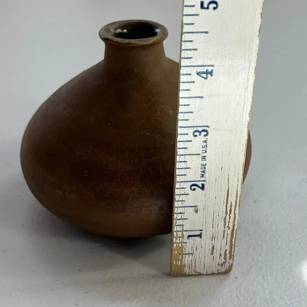 Handmade Vase Clay Brown Round Flat 1989 Signed MKS Vintage